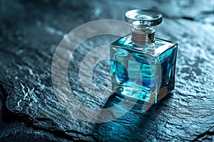 Dark wet stone and blue perfume bottle