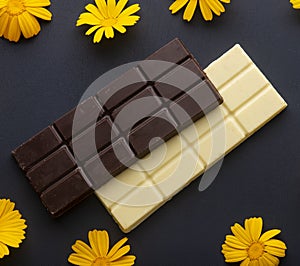 Dark and white chocolate bars with yellow flowers