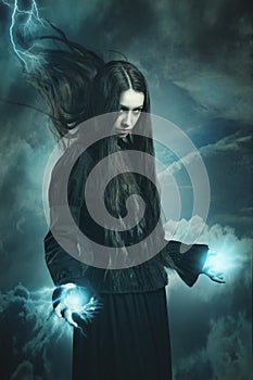 Dark witch calling thunder powers