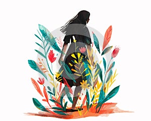 Dark woman silhouette lost in flowers and plants. Concept illustration of midlife crisis, distress, self exploring path. photo