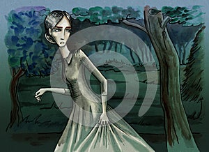 Dark woman sneaking around the forest