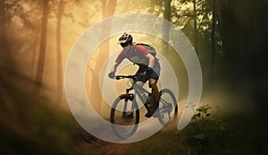 dark woman sunset summer green cycling forest bicycle bike sport walking. Generative AI.