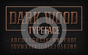 Dark Wood alphabet font. Chiseled letters and numbers with nails.