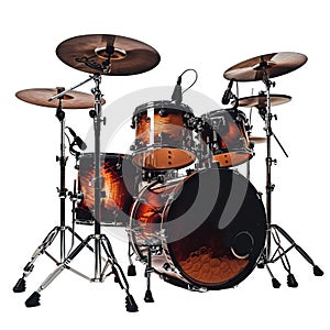 Dark wood drum kit with cymbals