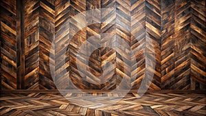 Dark wood herringbone pattern wall and floor interior design element. Generative AI