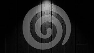 Dark wood paneling illuminated by a single spotlight