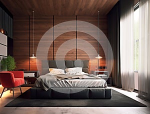 Dark wood panels in bedroom nterior. Generative AI