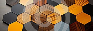 dark wood and yellow and black Abstract hexagon background 3d