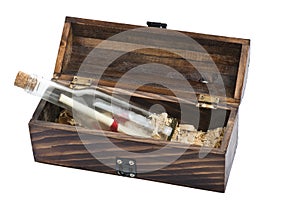 Dark wooden chest with message bottle on white