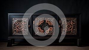 Dark Wooden Sideboard With Tribal Design - Baroque Sci-fi Style photo