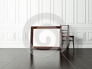 Dark Wooden horizontal Frame Mockup standing on the floor with chair in empty modern interior