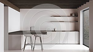 Dark wooden japandi kitchen in white and beige tones with resin floor and beams ceilings. Cabinets and island with stools.