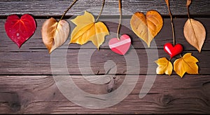 Dark wooden table with autumn leaves in park