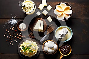 Dark wooden table with large selection of different dairy product