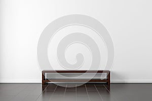 Dark wooden Tv console bureau Mockup near white wall in empty living room