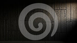 Dark wooden wall panels with dramatic light and shadow play