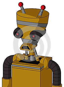 Dark-Yellow Automaton With Vase Head And Sad Mouth And Black Glowing Red Eyes And Double Led Antenna