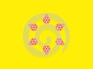Dark yellow background and six pink pear-shaped shapes in the middle