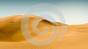 Dark yellow dunes and pale sky. Desert landscape with contrast skies. Minimal abstract background. 3d rendering