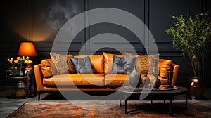 Dark Yellow Sofa with a Dark Gray Empty Wall Behind Persian Rug on Floor Lux Side Table Living Room Background
