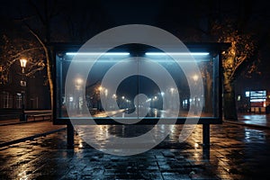 Darkened pause, Blank billboard at bus stop illuminated, poised for night messaging