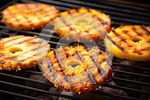 darkened pineapple slices on a charcoal grill