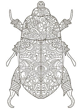 Darkling beetle. Anti Stress Coloring Book. Raster object Egyptian beetle. Black lines on a white background.