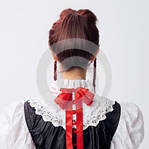 Darkly Comedic Cult Party Kei Woman With Red Braid In Rinpa School Style Dress