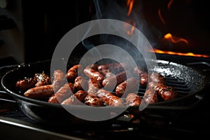 darkly crisped sausages on a gas stove