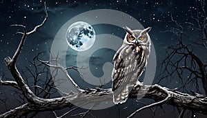 Darkly owl observe from a branch on a full moon night photo