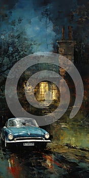 Darkly Romantic Illustration: Blue Car Parked Near Rusty Old House
