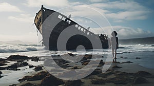 Darkly Romantic Illustrations Of A Man Outside A Shipwreck On A Beach