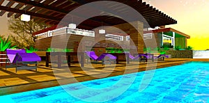 Darkness in cozy patio an hour before sunrise. Waves on the pool surface. Wooden house behind. 3d rendering
