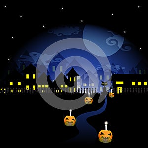 Darkness of Halloween night background with a black cat and pumpkin vector