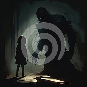 A child with a flashlight facing a monster in the shadows at midnight,generated bi AI