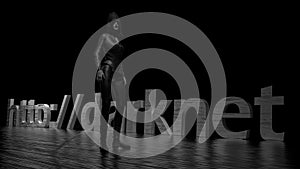 Darknet text word on dark background and a woman in black