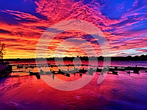 Darkred Sunset Over The River Glomma In Norway