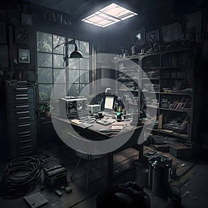 Darkroom office with books, desk and lamp