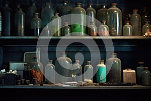 darkroom timer and chemical bottles on a shelf