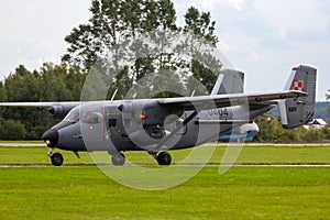 DARLOWO, POLAND - AUG 22, 2014: Polish Navy PZL M28 Skytruck plane taxiing before taking off. The M28 is a license-built Antonov