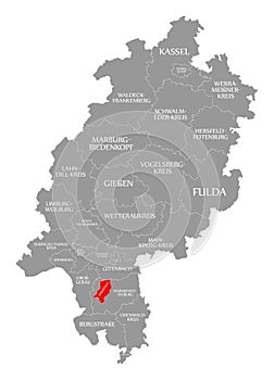 Darmstadt county red highlighted in map of Hessen Germany