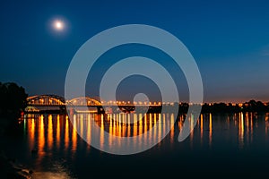 Darnitskiy bridge across Dnepr river at night. Kiev, Ukraine