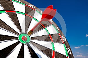 Dart arrow hit on bulleyes of dartboard with blue sky, Planning new business target and goals