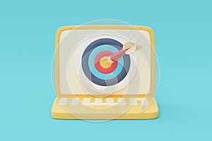 Dart arrow hit the center target of dartboard with computer,3d rendering photo