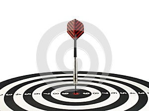 dart arrow hitting on bullseye target isolated on white, aiming to achieve, perfection goal success