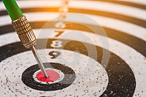 Dart arrow hitting in the target center of dartboard