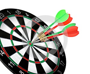 Dart board with color arrows hitting target on white