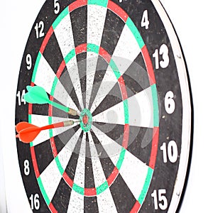 Dart Board with a dart in the center of the target