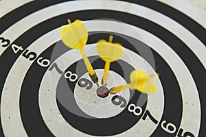 dart on board right direction hit target goal. Competition game to win focus on achievement with smart thinking planning accurate