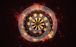 Dart board target in burning flames close up on dark brown background.